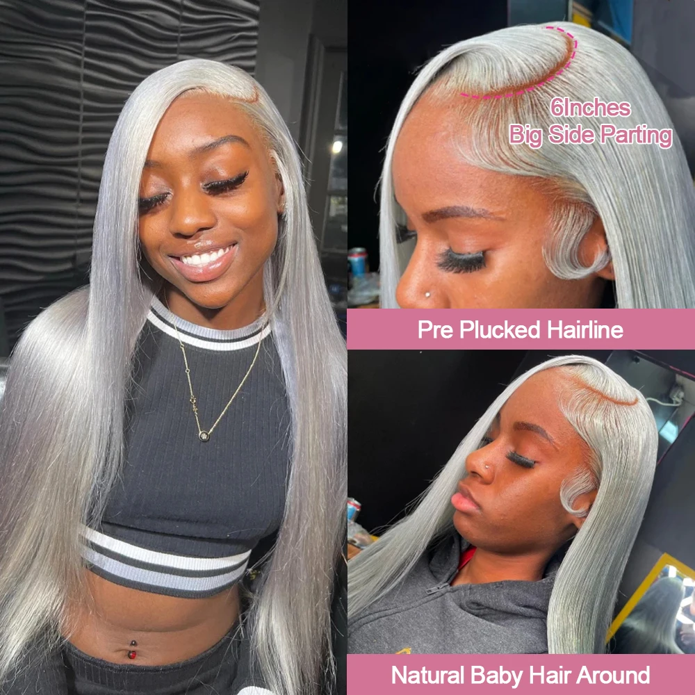 Silver Grey Straight Wigs Human Hair Vietnamese 220% Density 13x6 HD Lace Frontal Colored Wig 38 Pre Plucked With Baby Hairline Silver Grey Straight Wigs Human Hair Vietnamese 220% Density 13x6 HD Lace Frontal Colored Wig 38 Pre Plucked With Baby Hairline