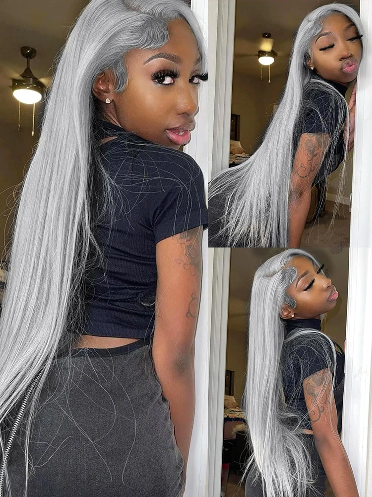 Silver Grey Straight Wigs Human Hair Vietnamese 220% Density 13x6 HD Lace Frontal Colored Wig 38 Pre Plucked With Baby Hairline - Image 4