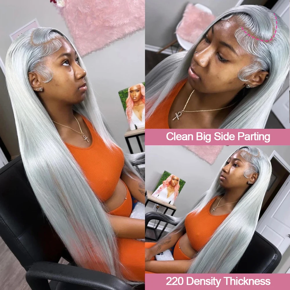 Silver Grey Straight Wigs Human Hair Vietnamese 220% Density 13x6 HD Lace Frontal Colored Wig 38 Pre Plucked With Baby Hairline Silver Grey Straight Wigs Human Hair Vietnamese 220% Density 13x6 HD Lace Frontal Colored Wig 38 Pre Plucked With Baby Hairline