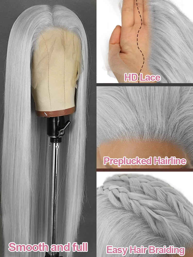 Silver Grey Straight Wigs Human Hair Vietnamese 220% Density 13x6 HD Lace Frontal Colored Wig 38 Pre Plucked With Baby Hairline - Image 3