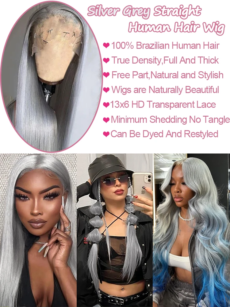 Silver Grey Straight Wigs Human Hair Vietnamese 220% Density 13x6 HD Lace Frontal Colored Wig 38 Pre Plucked With Baby Hairline - Image 5