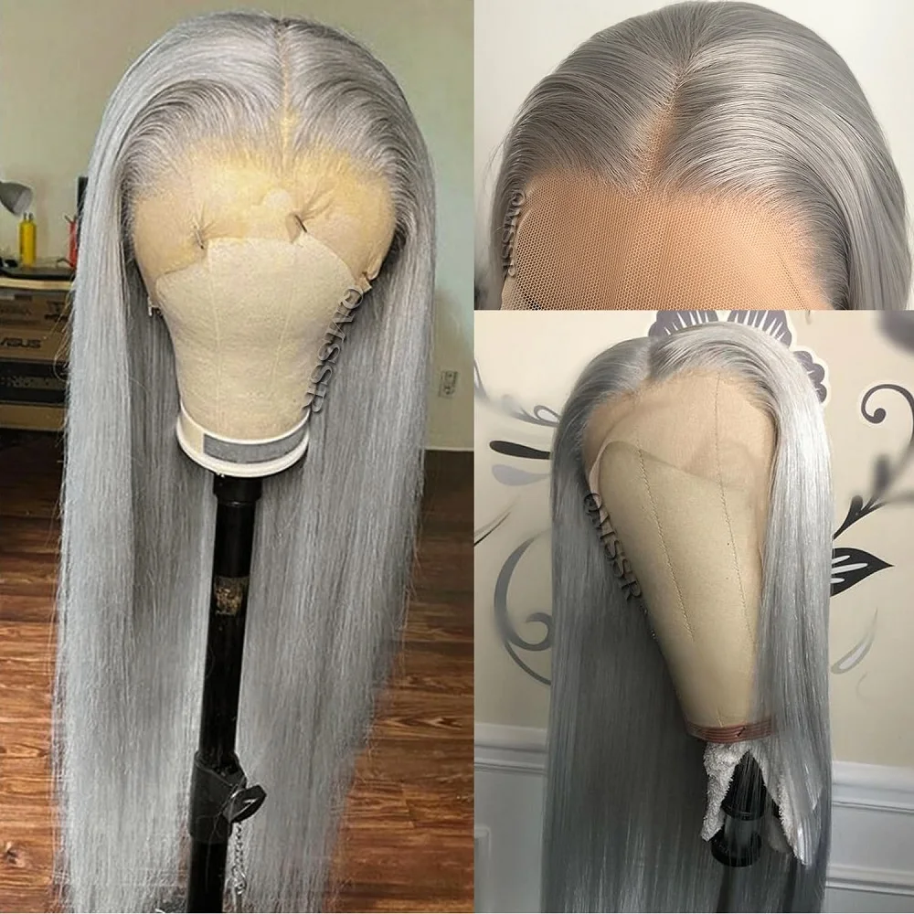 Silver Grey Straight Wigs Human Hair Vietnamese 220% Density 13x6 HD Lace Frontal Colored Wig 38 Pre Plucked With Baby Hairline Silver Grey Straight Wigs Human Hair Vietnamese 220% Density 13x6 HD Lace Frontal Colored Wig 38 Pre Plucked With Baby Hairline