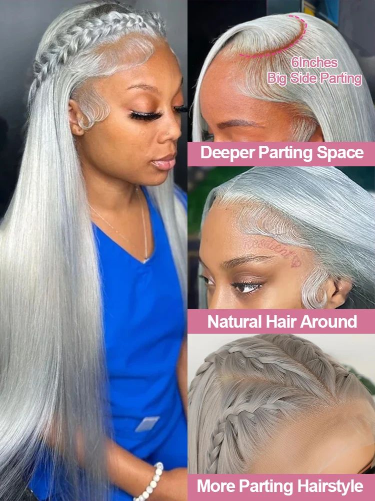 Silver Grey Straight Wigs Human Hair Vietnamese 220% Density 13x6 HD Lace Frontal Colored Wig 38 Pre Plucked With Baby Hairline - Image 2