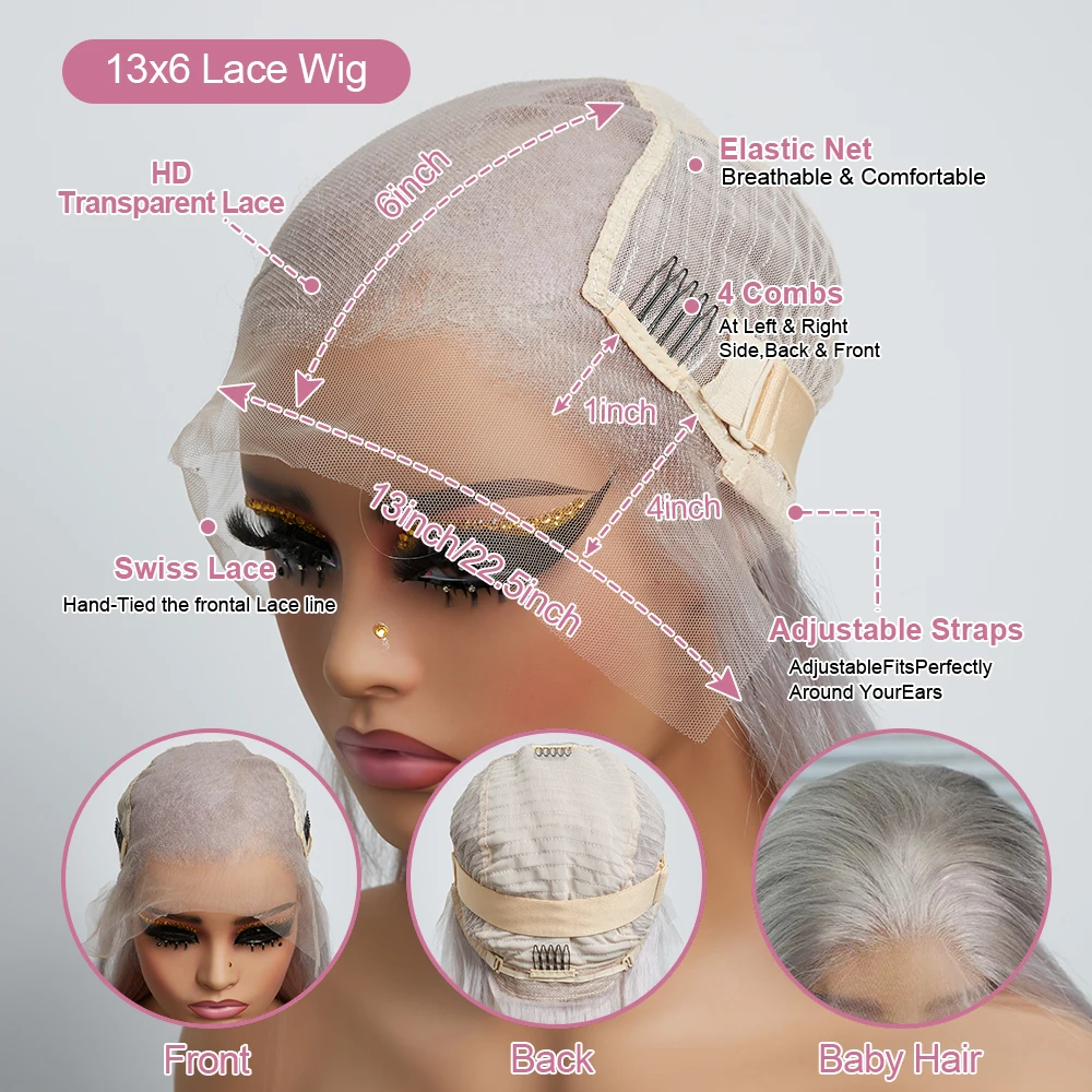 Silver Grey Straight Wigs Human Hair Vietnamese 220% Density 13x6 HD Lace Frontal Colored Wig 38 Pre Plucked With Baby Hairline Silver Grey Straight Wigs Human Hair Vietnamese 220% Density 13x6 HD Lace Frontal Colored Wig 38 Pre Plucked With Baby Hairline