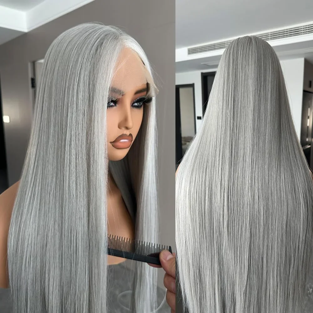 Silver Grey Straight Wigs Human Hair Vietnamese 220% Density 13x6 HD Lace Frontal Colored Wig 38 Pre Plucked With Baby Hairline Silver Grey Straight Wigs Human Hair Vietnamese 220% Density 13x6 HD Lace Frontal Colored Wig 38 Pre Plucked With Baby Hairline