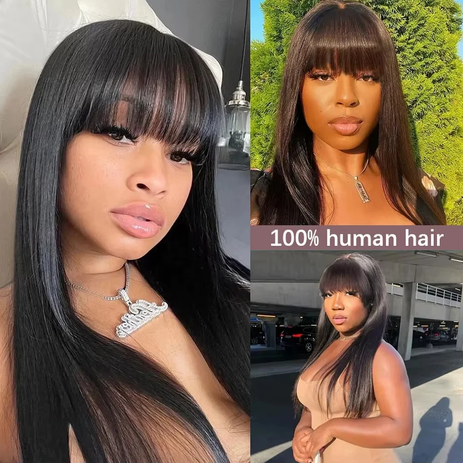 34 Inch 3X1 Middle Part Lace Wig Straight Human Hair Wigs With Bangs Brazilian Full Machine Made 100% Human Hair Wigs For Women