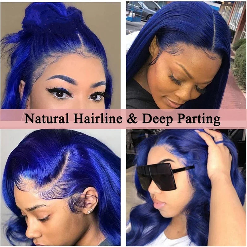 Navy Blue 13x4 Lace Front Body Wave Human Hair Wigs Brazilian Blue Colored Transparent Lace Front Wigs For Women Pre Plucked