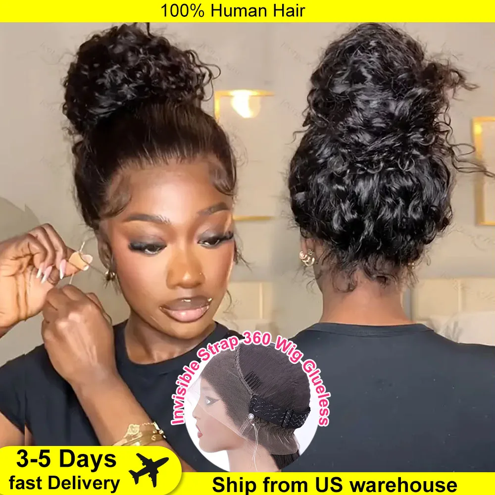 250 Density Invisible Strap 360 HD Full Lace Glueless Wig Deep Wave Frontal Wig Human Hair 30 Inch Water Wave Lace Front Wig