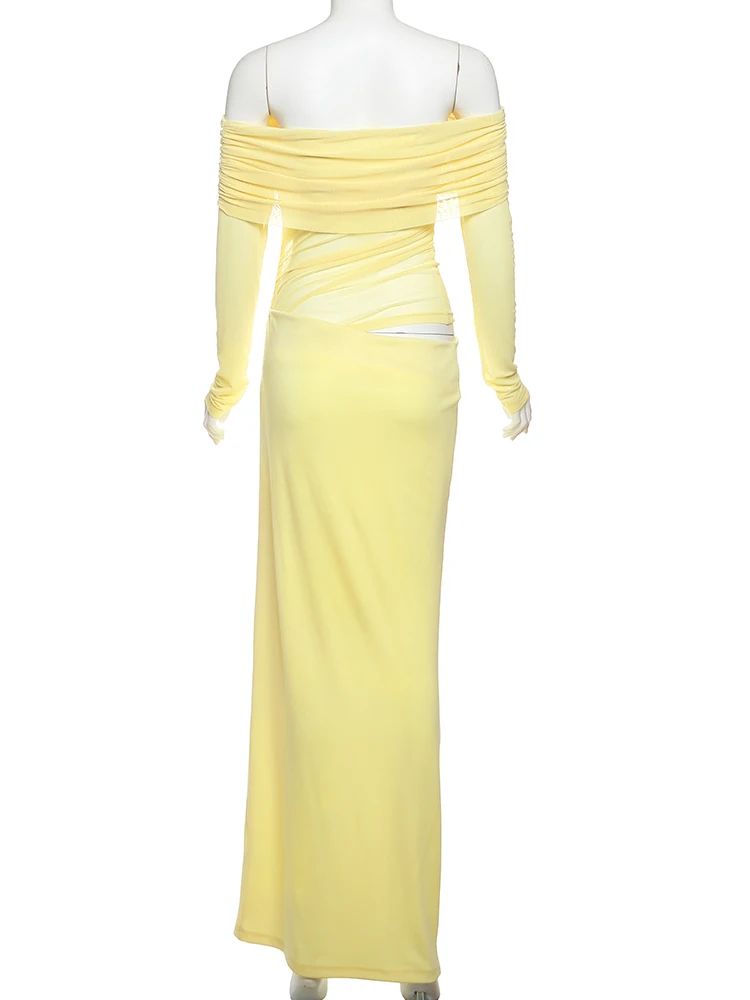 Nibber Mesh Ruched Women Maxi Dress Sexy See Through Off Shoulder Long Sleeve Sheath Vestidos Female Midnight Party Solid Robe