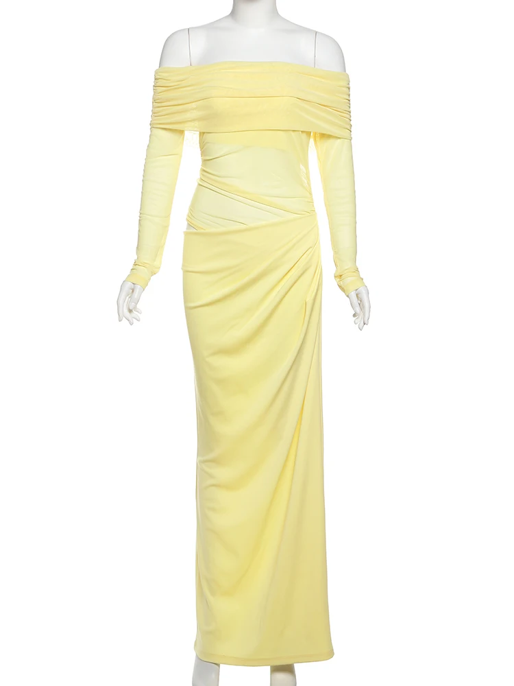 Nibber Mesh Ruched Women Maxi Dress Sexy See Through Off Shoulder Long Sleeve Sheath Vestidos Female Midnight Party Solid Robe