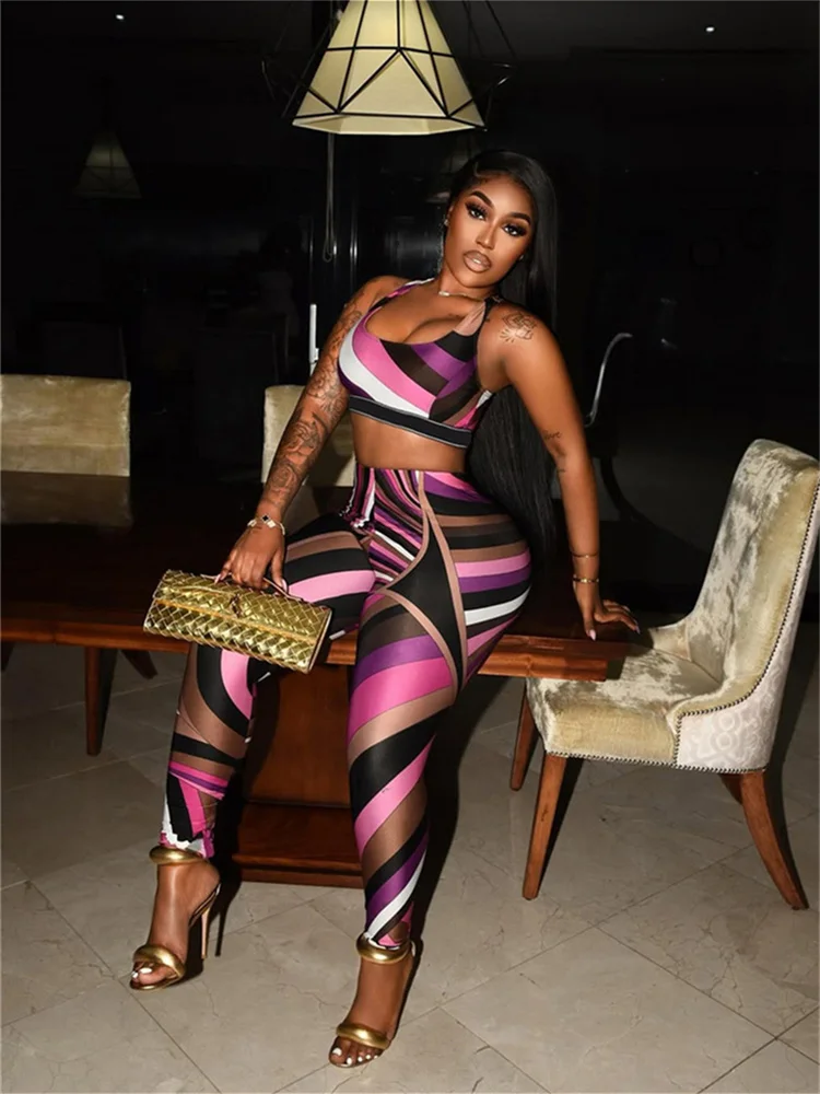 Weird Puss Fashion Patchwork 2 Piece Set Women Square Collar Tank Tops+Skinny Peach Hip Pants Midnight Sexy Club Party Outfits Weird Puss Fashion Patchwork 2 Piece Set Women Square Collar Tank Tops+Skinny Peach Hip Pants Midnight Sexy Club Party Outfits