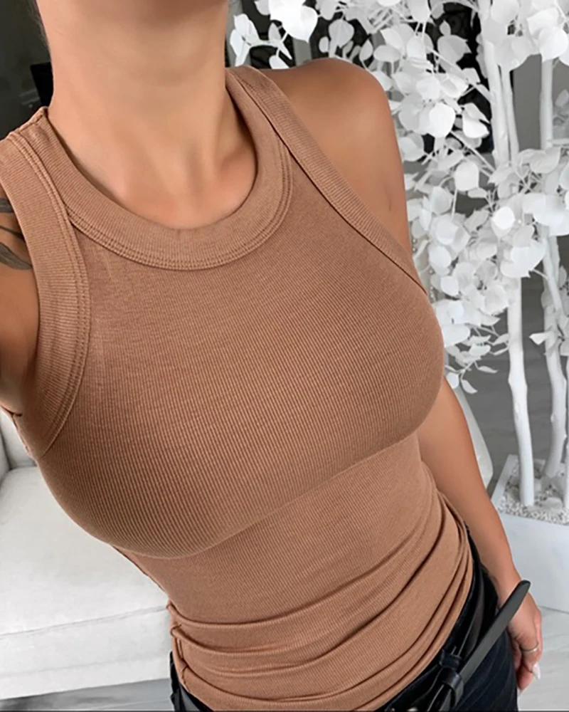 Women Solid Round Neck Ribbed Tank Top Camisole Women Summer Basic Elastic Tank Top O Neck Solid Tank Top Women Solid Round Neck Ribbed Tank Top Camisole Women Summer Basic Elastic Tank Top O Neck Solid Tank Top