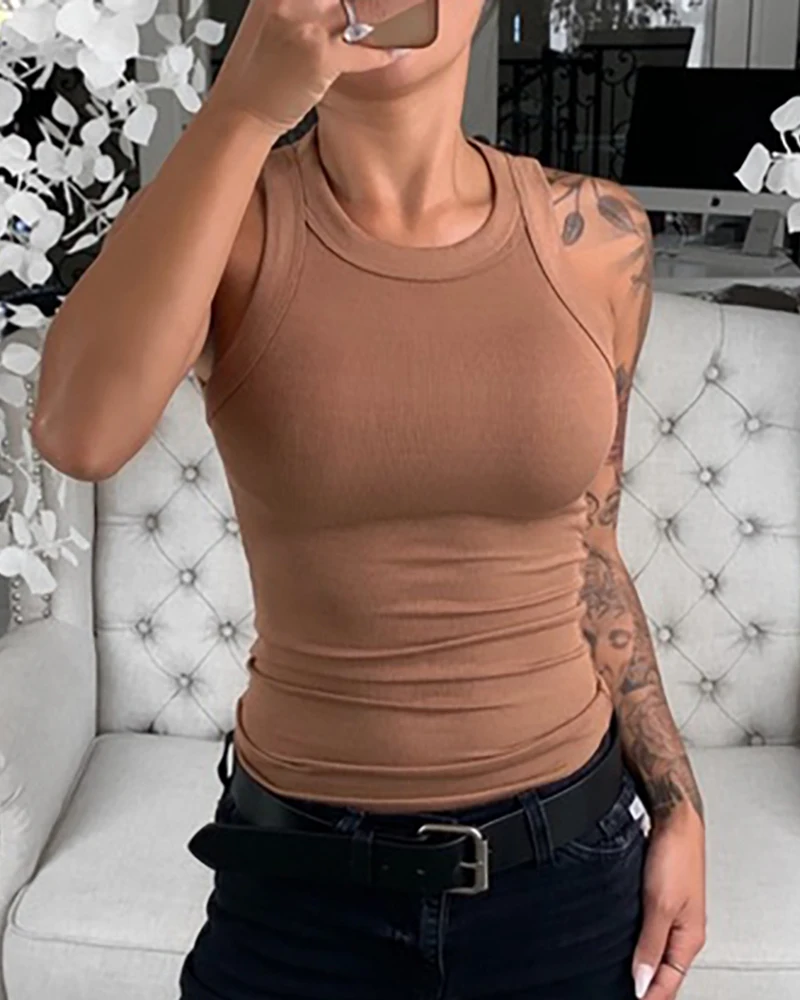Women Solid Round Neck Ribbed Tank Top Camisole Women Summer Basic Elastic Tank Top O Neck Solid Tank Top Women Solid Round Neck Ribbed Tank Top Camisole Women Summer Basic Elastic Tank Top O Neck Solid Tank Top