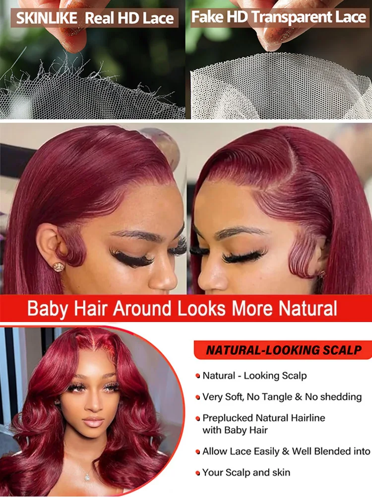 100% Human Hair 99J Burgundy Body Wave 13x4 Lace Front Wig 13x6 HD 30 40 Inch Lace Frontal Wigs Wine Red Water Loose Brazilian