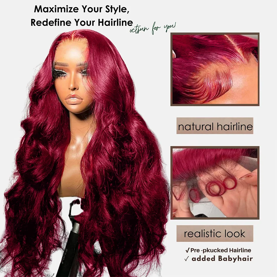 100% Human Hair 99J Burgundy Body Wave 13x4 Lace Front Wig 13x6 HD 30 40 Inch Lace Frontal Wigs Wine Red Water Loose Brazilian