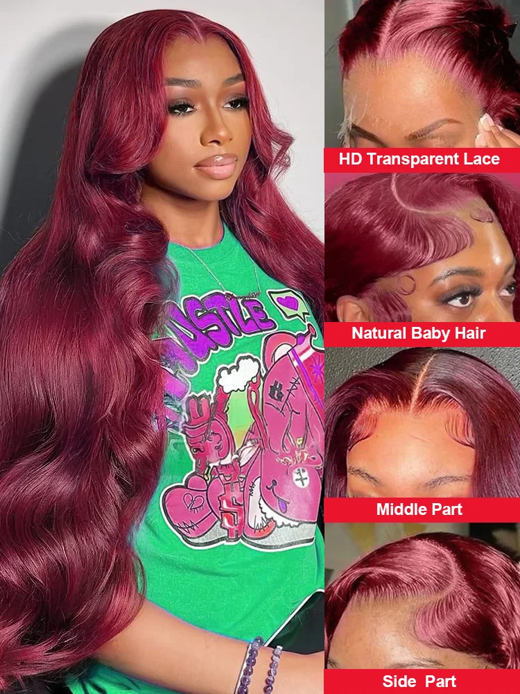 100% Human Hair 99J Burgundy Body Wave 13x4 Lace Front Wig 13x6 HD 30 40 Inch Lace Frontal Wigs Wine Red Water Loose Brazilian
