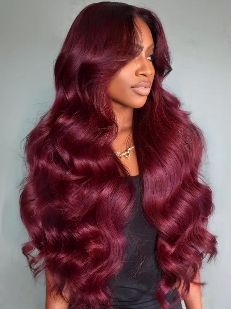 100% Human Hair 99J Burgundy Body Wave 13x4 Lace Front Wig 13x6 HD 30 40 Inch Lace Frontal Wigs Wine Red Water Loose Brazilian