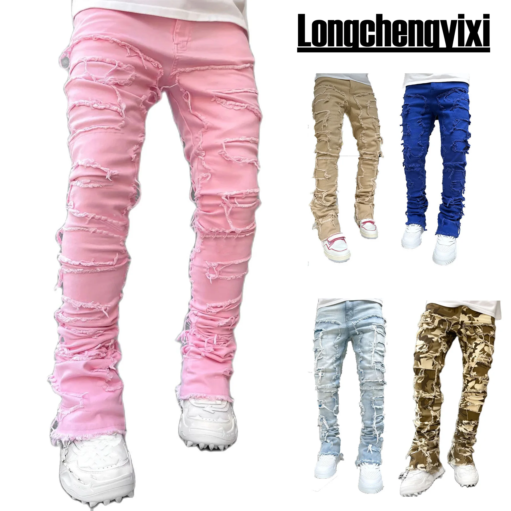 New Men's Fashion Jeans Work Pants, European and American Fashion Workwear Elastic Patchwork Denim Layered Flared Pants S-XXL - Image 5