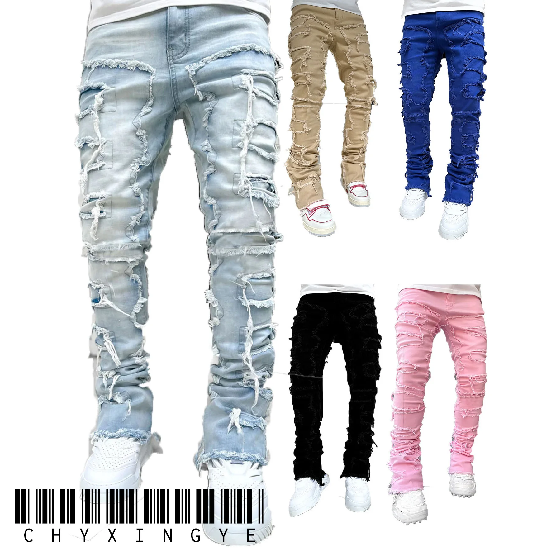 New Men's Fashion Jeans Work Pants, European and American Fashion Workwear Elastic Patchwork Denim Layered Flared Pants S-XXL New Men's Fashion Jeans Work Pants, European and American Fashion Workwear Elastic Patchwork Denim Layered Flared Pants S-XXL