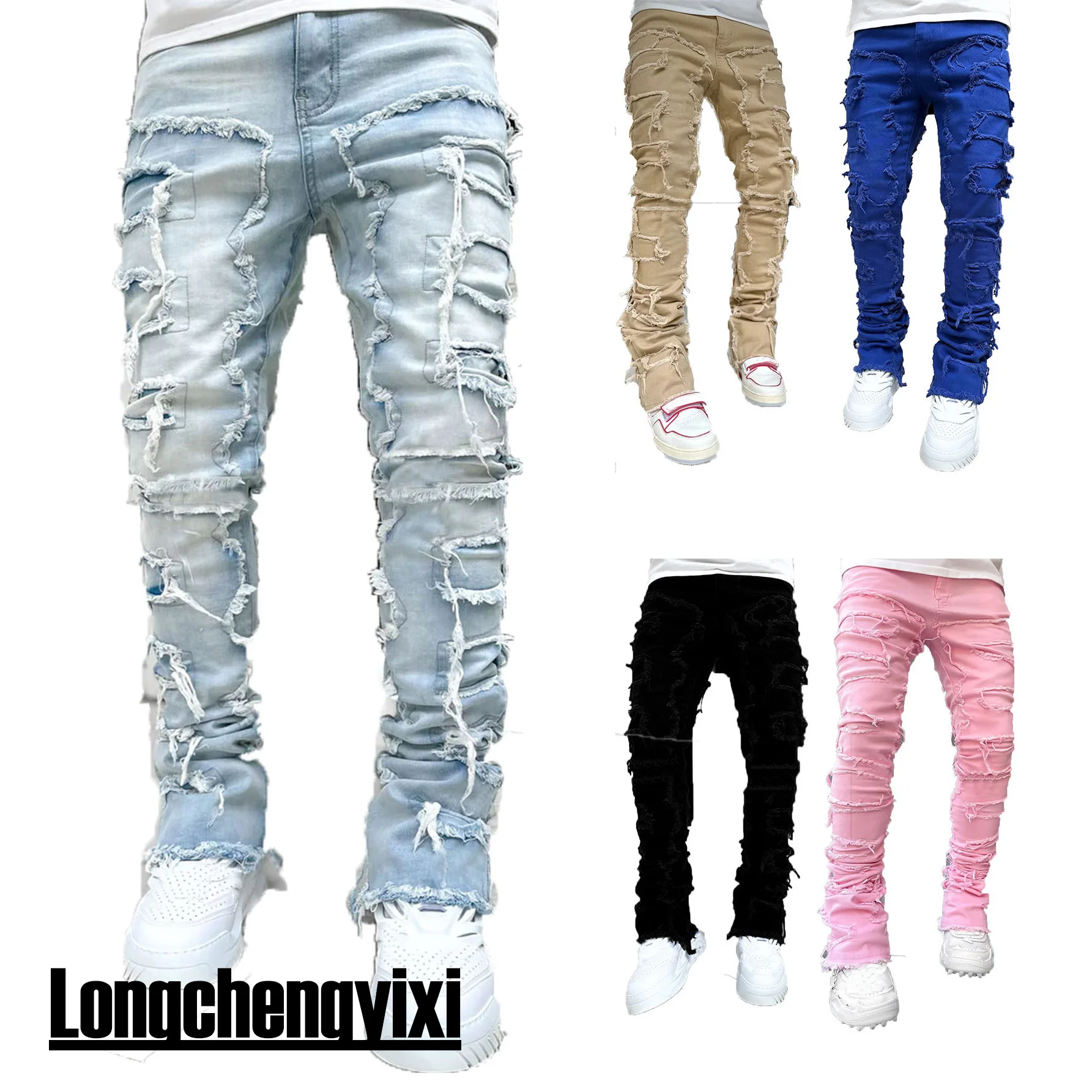 New Men's Fashion Jeans Work Pants, European and American Fashion Workwear Elastic Patchwork Denim Layered Flared Pants S-XXL - Image 4