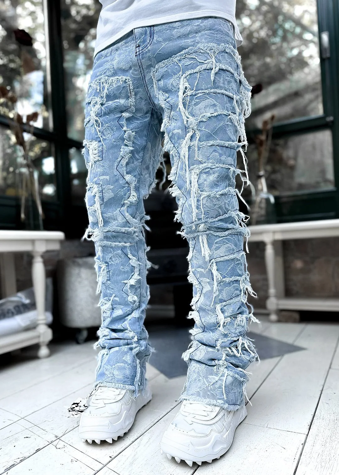New Men's Fashion Jeans Work Pants, European and American Fashion Workwear Elastic Patchwork Denim Layered Flared Pants S-XXL New Men's Fashion Jeans Work Pants, European and American Fashion Workwear Elastic Patchwork Denim Layered Flared Pants S-XXL