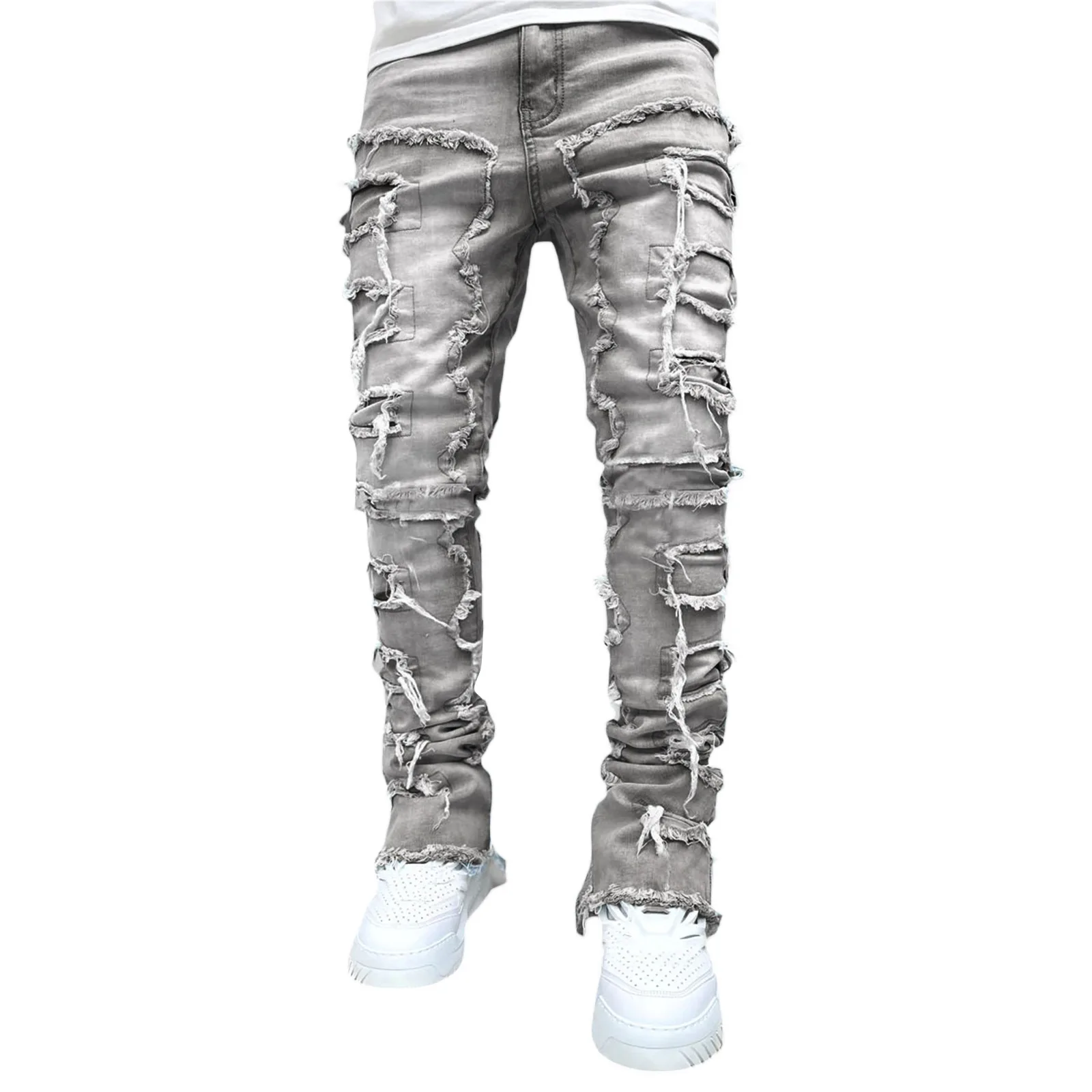 New Men's Fashion Jeans Work Pants, European and American Fashion Workwear Elastic Patchwork Denim Layered Flared Pants S-XXL New Men's Fashion Jeans Work Pants, European and American Fashion Workwear Elastic Patchwork Denim Layered Flared Pants S-XXL